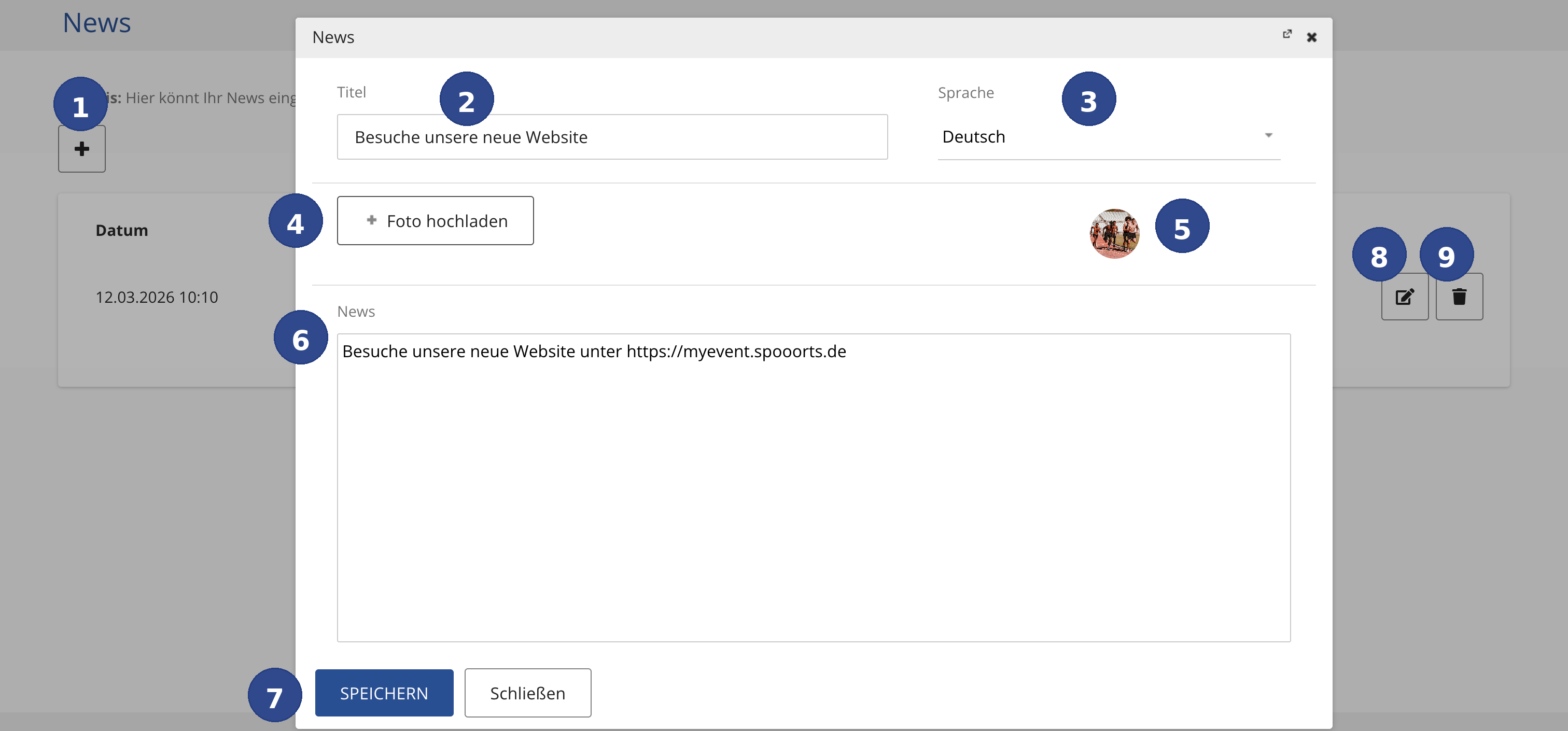 Screenshot der News-Verwaltung im spooorts Manager mit Bezugspunkten